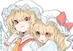  2girls ascot bangs blonde_hair blush bow commentary_request crystal dual_persona eyebrows_visible_through_hair fang flandre_scarlet gotoh510 hair_between_eyes hand_up hat hat_bow long_hair looking_at_another mob_cap multiple_girls nail_polish one_side_up open_mouth parted_lips pointy_ears puffy_short_sleeves puffy_sleeves red_bow red_eyes red_nails red_vest shirt short_sleeves simple_background touhou vest white_background white_headwear white_shirt wings wrist_cuffs yellow_neckwear 