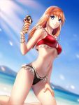  1girl beach bikini black_bikini_bottom blue_eyes blue_sky blurry blurry_background breasts brown_hair day eyebrows_visible_through_hair final_fantasy food frilled_bikini_bottom frilled_bikini_top gigamessy hand_on_lap holding holding_food ice_cream kneeling long_hair looking_at_viewer medium_breasts navel outdoors red_bikini_top reynn_(world_of_final_fantasy) sky smile solo sunlight swimsuit world_of_final_fantasy 