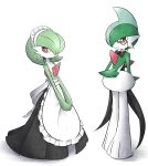  1boy 1girl apron bangs black_bow black_neckwear black_skirt blue_hair bow bowtie butler closed_mouth clothed_pokemon gallade gardevoir gen_3_pokemon green_hair green_skin hair_over_one_eye hand_up hands_together happy highres kashiwa_(3920kashiwa) legs_together looking_at_viewer maid_apron maid_headdress monocle multicolored_hair no_humans pokemon pokemon_(creature) red_eyes shiny shiny_hair short_hair simple_background skirt smile standing two-tone_hair two-tone_skin white_apron white_background white_skin yellow-framed_eyewear 