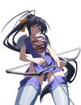  1girl absurdres antenna_hair arrow black_hair bow_(weapon) breasts cowboy_shot high_ponytail high_school_dxd highres himejima_akeno holding holding_arrow holding_bow_(weapon) holding_weapon large_breasts long_hair official_art pauldrons red_eyes simple_background solo very_long_hair weapon white_background 