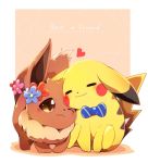  :3 azuma_minatsu blue_flower blue_neckwear blush blush_stickers bow bowtie brown_eyes brown_sclera closed_eyes closed_mouth commentary_request eevee english_text flower full_body gen_1_pokemon hair_flower hair_ornament happy heart highres jpeg_artifacts light_blush no_humans nuzzle one_eye_closed orange_background pikachu pink_flower pokemon pokemon_(creature) red_flower simple_background sitting smile striped striped_neckwear 