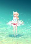  1girl animal_ear_fluff animal_ears bangs bare_arms bare_shoulders barefoot blonde_hair cat_ears cat_girl cat_tail closed_eyes closed_mouth commentary day dress english_commentary eyebrows_visible_through_hair facing_viewer hair_between_eyes long_hair natsumii_chan original outdoors petals petals_on_liquid ringlets side_ponytail sidelocks sleeveless sleeveless_dress smile solo standing tail very_long_hair water white_dress 