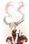  1girl ahoge back_bow bangs bow bowtie breasts brown_dress cherry_blossom_print cherry_blossoms chiramisu06 chuko_miku closed_eyes commentary dress engrish_commentary eyelashes floating_hair flower gradient_hair green_hair hair_flower hair_ornament hair_ribbon hatsune_miku highres long_hair long_sleeves medium_breasts multicolored_hair own_hands_together parted_lips petals pleated_sleeves print_dress puffy_long_sleeves puffy_sleeves ribbon sakura_miku sleeve_garters sleeves_past_wrists solo treble_clef_hair_ornament v_arms very_long_hair vocaloid wavy_hair wing_collar 