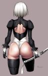  1girl artist_name ass backless_dress backless_outfit black_gloves black_legwear dress from_behind gloves katana multicolored multicolored_clothes multicolored_gloves nier_(series) nier_automata onomeshin short_hair signature silver_hair skindentation solo sword thigh-highs weapon white_gloves white_legwear yorha_no._2_type_b 
