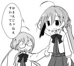  2girls ahoge arm_behind_head azumanga_daioh blush bow bowtie clothes_grab collared_shirt commentary commentary_request dress eyebrows_visible_through_hair frown glasses greyscale hair_between_eyes hair_bun hair_ribbon its_not_you_sit_down kantai_collection kiyoshimo_(kantai_collection) long_hair long_sleeves low_twintails maiku makigumo_(kantai_collection) meme monochrome multicolored_hair multiple_girls opaque_glasses parody ribbon shirt simple_background skirt sleeveless sleeveless_dress sleeves_past_wrists smile speech_bubble translated twintails two-tone_hair v-shaped_eyebrows white_background 
