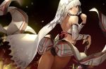  1girl altera_(fate) ass bangs blunt_bangs breasts commentary crop_top danann dark_skin detached_sleeves fate/grand_order fate_(series) from_behind gradient gradient_background looking_back parted_lips red_eyes short_hair simple_background small_breasts solo standing sword veil weapon white_hair 