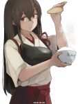  1girl air_kon akagi_(kantai_collection) bowl brown_eyes brown_hair closed_mouth commentary dated food food_on_face hakama hakama_skirt japanese_clothes kantai_collection long_hair looking_at_viewer muneate nontraditional_miko rice rice_bowl rice_on_face simple_background solo straight_hair tasuki translated white_background 