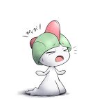  &gt;_&lt; closed_eyes eyebrows_visible_through_hair full_body gen_3_pokemon green_hair hands_up kashiwa_(3920kashiwa) no_humans notice_lines open_mouth pokemon pokemon_(creature) ralts simple_background solo standing sweat translation_request white_background white_skin 