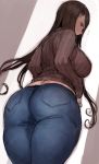 1girl ass blush breasts brown_hair c.cu commentary_request curvy denim eyebrows_visible_through_hair from_behind from_below highres jeans large_breasts long_hair looking_back midriff original pants pantylines plump ribbed_sweater skin_tight solo sweatdrop sweater thick_thighs thighs 