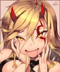  1girl blonde_hair blush commentary commission facial_mark fangs hands_on_own_face highres horns looking_at_viewer oni oni_horns original saliva smile solo tears user_wcgm5435 yellow_eyes 