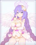  1girl angel_wings bad_id bad_twitter_id bangs bare_shoulders border breasts closed_mouth cowboy_shot eyebrows_visible_through_hair feathered_wings flower four_goddesses_online:_cyber_dimension_neptune hair_between_eyes hair_flower hair_ornament halo highres large_breasts long_hair long_sleeves looking_at_viewer nasti_(rerorero0000) neptune_(series) purple_hair purple_heart shirt sidelocks simple_background solo standing symbol-shaped_pupils very_long_hair white_background white_shirt wings 