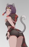  1girl animal_ears ass braid cat_ears cat_tail cheshirrr from_behind green_eyes highres looking_at_viewer menat purple_hair short_hair side_braid simple_background solo street_fighter street_fighter_v tail 