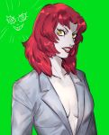 1girl anagosamaeru breasts collarbone devilman devilman_crybaby green_background jacket lips lipstick looking_at_viewer makeup medium_hair no_bra parted_lips psycho_jenny red_lipstick redhead simple_background solo teeth upper_body yellow_eyes 