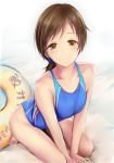  1girl bangs bare_arms bare_legs barefoot blush breasts brown_eyes brown_hair collarbone competition_swimsuit eyebrows_visible_through_hair idolmaster idolmaster_cinderella_girls innertube kanji kneeling looking_at_viewer medium_breasts nannacy7 nitta_minami one-piece_swimsuit ponytail sand smile solo swimsuit water 