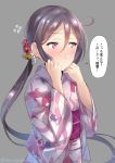  1girl akebono_(kantai_collection) animal_print bad_id bad_pixiv_id bell commentary_request fish_print flower flying_sweatdrops grey_background hair_bell hair_flower hair_ornament heart heart-shaped_pupils japanese_clothes jingle_bell juurouta kantai_collection kimono long_hair purple_hair shitty_admiral_(phrase) side_ponytail simple_background solo symbol-shaped_pupils translated twitter_username upper_body very_long_hair violet_eyes white_kimono yukata 