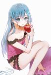  1girl :o apple bad_id bad_pixiv_id bare_arms bare_legs bare_shoulders blue_eyes blue_hair blue_nails camisole commentary_request crystal expressionless eyebrows_visible_through_hair eyelashes fingernails food fruit hatsune_miku high_heels highres long_hair looking_at_viewer mullpull nail_polish open_mouth panties romeo_to_cinderella_(vocaloid) see-through shiny simple_background sitting solo sparkle underwear very_long_hair vocaloid white_background 