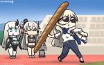  3girls abyssal_patrolling_attack_hawk alternate_costume amatsukaze_(kantai_collection) baguette blonde_hair blue_eyes blue_pants blue_scarf blush bread closed_eyes commentary dated denim eyebrows_visible_through_hair food german_escort_hime hair_ornament hair_tubes hamu_koutarou highres holding holding_food horn jeans kantai_collection long_hair long_sleeves multiple_girls name_tag navel open_mouth pants rensouhou-kun richelieu_(kantai_collection) scarf shinkaisei-kan shirt short_hair silver_hair smokestack_hair_ornament sunglasses translated two_side_up v-shaped_eyebrows white_hair white_shirt windsock 