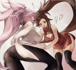 2girls amputee ass baiken bare_shoulders black_legwear breasts brown_eyes brown_hair cleavage_cutout commentary_request dress facial_tattoo guilty_gear guilty_gear_xrd hair_ornament hair_ring highres huge_breasts jako_(toyprn) kuradoberi_jam large_breasts long_hair meme_attire multiple_girls open-chest_sweater open_mouth pantyhose pink_eyes pink_hair ponytail ribbed_sweater side_slit sleeveless sleeveless_turtleneck sweater sweater_dress tattoo thigh-highs thighband_pantyhose translation_request turtleneck twintails