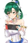  1girl bridal_gauntlets bridal_veil choker collarbone cute dress earrings fire_emblem fire_emblem:_rekka_no_ken fire_emblem_heroes fire_emblem_musou game_console green_eyes green_hair grin intelligent_systems joy-con long_hair lyndis_(fire_emblem) nintendo nintendo_switch ormille parted_lips ponytail ring simple_background solo super_smash_bros. super_smash_bros._ultimate super_smash_bros_brawl sweat teeth veil wedding_dress wedding_ring white_background white_dress 