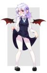  1girl alternate_costume bat_wings black_footwear black_panties black_skirt black_vest black_wings blue_ribbon blush brooch embarrassed fang full_body gala_king grey_background hair_between_eyes highres jewelry lace lace-trimmed_panties lavender_hair lifted_by_self long_sleeves looking_at_viewer mary_janes neck_ribbon panties panties_under_pantyhose pantyhose pointy_ears red_eyes remilia_scarlet ribbon shirt shoes skirt skirt_lift skirt_set solo standing touhou two-tone_background underwear vest white_background white_legwear white_shirt wings 