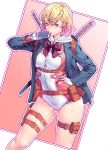  1girl ass_visible_through_thighs blazer blonde_hair blue_eyes cellphone commentary_request gloves gradient_hair gwen_poole gwenpool hand_on_hip highres holding holding_phone holster honzawa_yuuichirou hood jacket katana long_sleeves looking_at_viewer marvel multicolored_hair outline phone pink_hair pouch simple_background skin_tight smartphone solo sword thigh_holster weapon white_gloves 