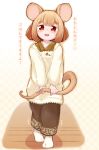  1girl :d animal_ears blonde_hair blush brown_eyes commentary eyebrows_visible_through_hair holding_own_tail holding_tail japanese_clothes kappougi looking_at_viewer mouse_ears mouse_girl mouse_tail open_mouth original short_hair smile solo sudumenooyado tabi tail thick_eyebrows translated 