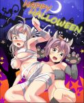  2girls absurdres alternate_costume animal_ears antenna_hair aoba_(kantai_collection) bandages blue_eyes cat_ears cat_tail crescent_moon fang fur_bikini green_eyes grey_hair hair_tie halloween highres kantai_collection kinugasa_(kantai_collection) messy_hair moon multiple_girls mummy open_mouth ponytail purple_hair remodel_(kantai_collection) scrunchie side_ponytail soba_chatarou_(tita) tail 