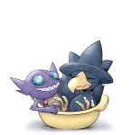  bird blue_eyes blush bowl claws closed_eyes crystal gen_2_pokemon gen_3_pokemon highres imp kashiwa_(3920kashiwa) light_blush murkrow no_humans pokemon pokemon_(creature) purple_skin sableye sharp_teeth simple_background sitting smile teeth white_background 