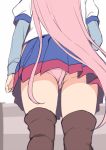  1girl akashi_(kantai_collection) ass blue_skirt brown_legwear commentary_request feet_out_of_frame from_behind from_below hand_up head_out_of_frame hip_vent kantai_collection kusano_(torisukerabasu) long_hair long_sleeves miniskirt panties pink_hair pink_panties pleated_skirt puffy_short_sleeves puffy_sleeves short_over_long_sleeves short_sleeves skirt solo standing thigh-highs underwear upskirt very_long_hair 