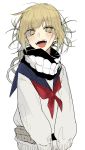  0mot 1girl blonde_hair blush boku_no_hero_academia double_bun eyebrows_visible_through_hair fangs highres messy_hair open_mouth school_uniform serafuku short_hair sketch smile solo toga_himiko upper_body white_background yellow_eyes 