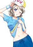  1girl bangs blue_eyes blush breasts eyebrows_visible_through_hair grey_hair hair_between_eyes hat love_live! love_live!_sunshine!! medium_breasts navel one_eye_closed open_mouth rozen5 shirt_lift short_hair simple_background solo sweat under_boob watanabe_you white_background 