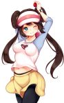  1girl arms_up bangs belly_peek black_legwear blue_eyes blush breasts brown_hair closed_mouth collarbone cowboy_shot double_bun hair_tie happy hat highres holding holding_poke_ball long_hair maremay0513 medium_breasts mei_(pokemon) midriff_peek multicolored_shirt navel one_eye_closed pantyhose pink_headwear poke_ball poke_ball_(generic) poke_ball_symbol poke_ball_theme pokemon pokemon_(game) pokemon_bw shirt shorts simple_background smile solo standing tied_hair twintails visor_cap watch watch white_background yellow_shorts 