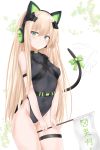  1girl absurdres afterimage animal_ears ass_visible_through_thighs bangs bikini black_swimsuit blush bow breasts casual_one-piece_swimsuit cat_ear_headphones cat_ears cat_girl cat_tail character_name closed_mouth commentary_request covered_collarbone covered_navel girls_frontline green_bikini green_eyes hair_between_eyes head_tilt headphones highres holding leaf light_brown_hair long_hair one-piece_swimsuit ru_zhai simple_background small_breasts solo swimsuit tail tail_bow tail_raised tail_wagging thigh_strap tmp_(girls_frontline) translated very_long_hair white_background 