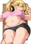  1girl armpits artist_name ass bad_id bad_pixiv_id bare_arms bare_shoulders belly black_shorts blonde_hair blush breasts breasts_apart chestnut_mouth commentary covered_nipples cowboy_shot crop_top curvy eyebrows_visible_through_hair headphones highres large_breasts long_hair looking_at_viewer lying midriff moisture_(chichi) navel nitroplus no_bra on_back open_mouth orange_eyes outside_border pink_shirt plump puffy_nipples shiny shiny_clothes shiny_skin shirt short_shorts shorts signature skindentation solo super_pochaco thick_thighs thighs twintails wide_hips 