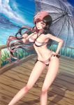 1girl adsouto bangs bikini blush breasts brown_eyes brown_hair day eyebrows_visible_through_hair hair_between_eyes hand_on_hip heterochromia highres long_hair looking_at_viewer multicolored_hair neo_(rwby) open_mouth outdoors pink_eyes pink_hair rwby smile solo summer swimsuit two-tone_hair umbrella white_eyes white_hair 