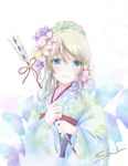  1girl arrow artist_name ayase_eli bell blonde_hair blue_eyes blue_kimono bow bug butterfly commentary english_commentary eyebrows_visible_through_hair floral_print flower green_bow hair_between_eyes hair_bow hair_flower hair_ornament hamaya holding_arrow insect japanese_clothes kimono long_hair looking_at_viewer love_live! love_live!_school_idol_project new_year red_ribbon ribbon shino_(shinderera) smile solo tied_hair upper_body white_background 