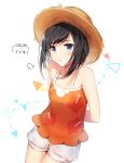  1girl :t arms_behind_back black_hair blue_eyes blush character_name collarbone commentary_request cowboy_shot dutch_angle eyebrows_visible_through_hair flat_chest floral_print hat highres looking_at_viewer mizuki_(pokemon) orange_shirt pokemon pokemon_(game) pokemon_sm pokemon_usum shiny shiny_hair shirt short_hair short_shorts shorts simple_background sleeveless sleeveless_shirt solo spaghetti_strap standing straw_hat translated white_background white_shorts yuhi_(hssh_6) 