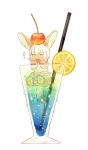  1other :3 animal_ears cherry commentary_request cup drinking_glass drinking_straw food food_on_head fruit in_container in_cup kawasemi27 made_in_abyss medium_hair nanachi_(made_in_abyss) object_on_head orange orange_slice oversized_food partially_submerged paws simple_background solo topless traditional_media translated whiskers white_background yellow_eyes 