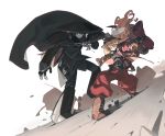  2girls bag baggy_pants belt belt_buckle black_eyes black_hair black_headwear black_jacket black_pants blonde_hair blue_eyes book boots brown_headwear buckle cape commentary gauntlets gloves hat hat_feather helmet highres jacket knifedragon lyza made_in_abyss multicolored_hair multiple_girls ozen pants pauldrons pith_helmet pouch symbol_commentary two-tone_hair whistle white_hair 