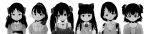  6+girls akagi_miria animal_ears animal_print backpack bag bangs bare_shoulders bell bell_collar cat_ears child closed_mouth collar collarbone crime_prevention_buzzer expressionless fukuyama_mai greyscale hair_between_eyes hair_ornament hair_ribbon heart heart_necklace highres holding idolmaster idolmaster_cinderella_girls kindergarten leopard_print long_hair long_image looking_at_viewer looking_to_the_side matoba_risa monochrome multiple_girls open_mouth pina_korata ponytail ribbon sajou_yukimi sasaki_chie shadow short_hair sidelocks simple_background smile tachibana_arisu takatoo_kurosuke twintails two_side_up v very_long_hair white_background wide_image 