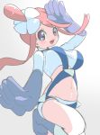  1girl arm_up blue_eyes blue_footwear blue_gloves blue_shirt blue_shorts blush boots breasts chorimokki commentary_request crop_top fuuro_(pokemon) gloves grey_background gym_leader hair_ornament happy knee_boots large_breasts leg_up looking_at_viewer midriff navel open_mouth poke_ball_symbol pokemon pokemon_(game) pokemon_bw redhead salute shiny shiny_hair shirt short_shorts shorts simple_background smile solo standing standing_on_one_leg teeth tied_hair topknot 