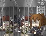  0_0 4girls black_hair black_serafuku bread brown_hair bug commentary_request crack crescent dated detached_sleeves drooling dual_persona food fumizuki_(kantai_collection) hachimaki hamu_koutarou headband holding_bars in_cell kantai_collection leg_hug long_hair multiple_girls nontraditional_miko o_o ooi_(kantai_collection) open_mouth ponytail prison_cell remodel_(kantai_collection) scared school_uniform serafuku shaded_face spider surprised sweat translated tray wavy_mouth yamashiro_(kantai_collection) 