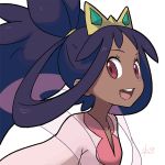  1girl artist_name collarbone commentary dark_skin eyebrows_visible_through_hair happy iris_(pokemon) long_hair long_sleeves looking_to_the_side open_mouth pokemon pokemon_(game) pokemon_bw2 ponytail purple_hair red_eyes reiesu_(reis) signature simple_background smile solo teeth tiara tied_hair white_background 