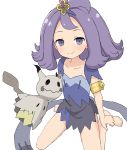  1girl acerola_(pokemon) armlet bangs bare_legs barefoot blush closed_mouth collarbone dress elite_four flipped_hair gen_7_pokemon hair_ornament highres mimikyu multicolored multicolored_clothes multicolored_dress parted_bangs pokemon pokemon_(anime) pokemon_(creature) pokemon_sm_(anime) purple_dress purple_hair short_dress short_hair short_sleeves simple_background sitting smile solo stitches trial_captain violet_eyes wariza white_background yakihebi 