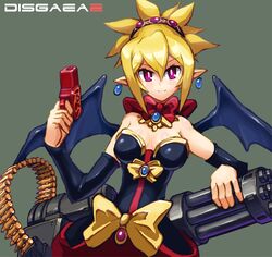  1girl ammunition_belt bare_shoulders bat_wings blonde_hair blush bow breasts commentary copyright_name demon_girl detached_sleeves disgaea dress earrings eyebrows_visible_through_hair gatling_gun gun hair_between_eyes hair_ornament handgun holding huge_bow jewelry makai_senki_disgaea_2 pistol pointy_ears red_bow red_eyes rozalin simple_background smile solo strapless strapless_dress violet_eyes weapon wings yellow_bow yuusuke_(5yusuke3) 