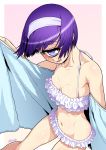  1girl bikini breasts commentary cyclops eyebrows_visible_through_hair frilled_bikini frills hairband highres kouda_tomohiro manako monster_musume_no_iru_nichijou navel one-eyed open_mouth open_towel purple_hair shiny shiny_skin short_hair small_breasts solo swimsuit towel twitter_username violet_eyes 