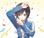  1boy arm_up black_hair blue_eyes blue_jacket blush confetti dated english_text eyebrows_visible_through_hair hand_up happy_birthday highres jacket long_sleeves looking_at_viewer male_focus open_mouth pokemon pokemon_special shiny shiny_hair simple_background solo sweat translation_request turtleneck upper_body x_(pokemon) yuhi_(hssh_6) 