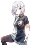  1girl alternate_costume bad_id bad_pixiv_id black_legwear blue_eyes blue_skirt breasts closed_mouth collared_shirt commentary_request employee_uniform gloves grey_hair hair_ornament hair_over_one_eye hairclip hamakaze_(kantai_collection) kantai_collection knee_up large_breasts lawson lolicept looking_at_viewer name_tag pantyhose pleated_skirt shirt simple_background skirt solo translated uniform white_background white_gloves wing_collar 
