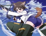  1girl angry animal_ear_fluff animal_ears anime_coloring ass bangs bent_over black_eyes black_hair blue_neckwear blue_sailor_collar blue_sky blue_swimsuit blush breasts clouds dog_ears dog_tail drum_magazine floating from_side gun hair_between_eyes hide_0 holding holding_gun holding_weapon ironsights legs_apart long_sleeves looking_at_viewer looking_back looking_to_the_side machine_gun mecha_musume midair miyafuji_yoshika neckerchief one-piece_swimsuit open_mouth outdoors outstretched_arm parted_bangs sailor_collar school_swimsuit school_uniform serafuku shirt short_hair sky small_breasts solo strap strike_witches striker_unit swimsuit swimsuit_under_clothes tail tail_through_clothes thighs trigger_discipline type_99_cannon upshirt v-shaped_eyebrows weapon white_shirt wind world_witches_series 