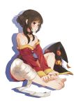  1girl bandages bare_shoulders barefoot blush brown_hair casino_(casinoep) choker eyebrows_visible_through_hair feet highres kono_subarashii_sekai_ni_shukufuku_wo! legs long_hair long_sleeves megumin open_mouth short_hair_with_long_locks soles solo toes white_background 